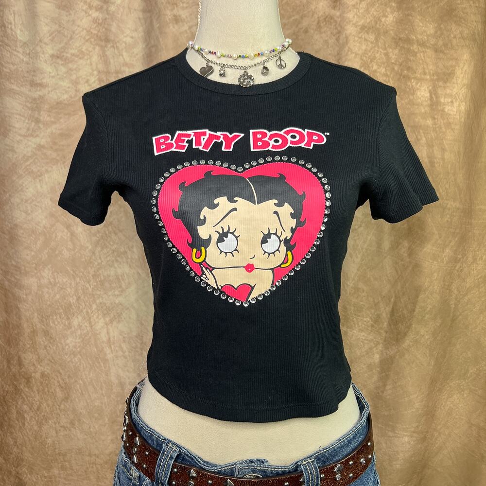 Betty Boop Baby Tee Black Ribbed Cropped Graphic T-Shirt Rhinestone Heart Y2K